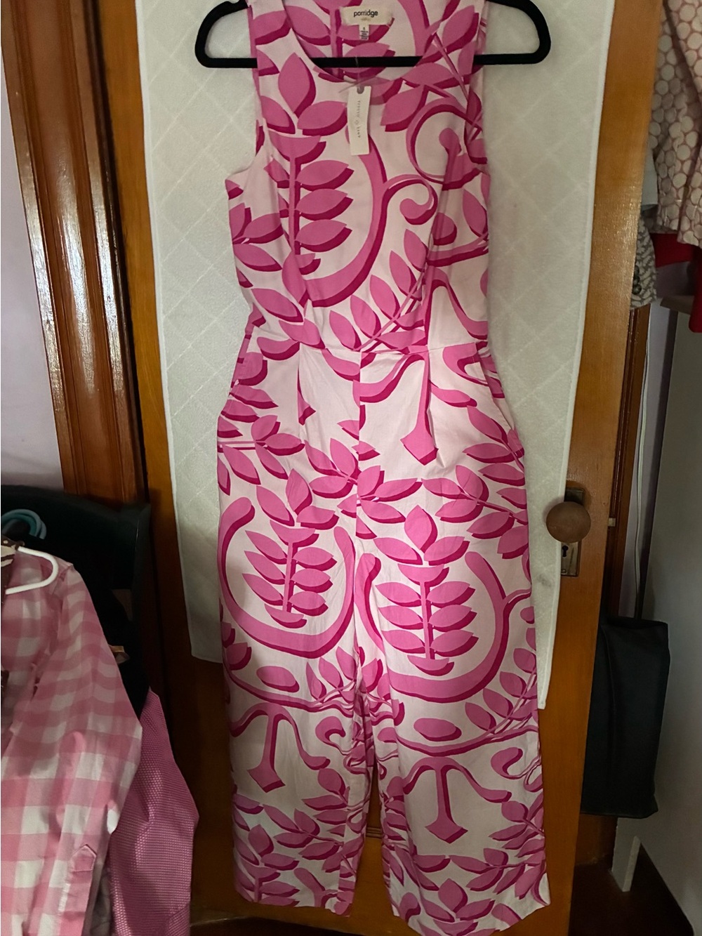 Anthropologie Porridge Pink Leaf Print Sleeveless Jumpsuit with Pockets